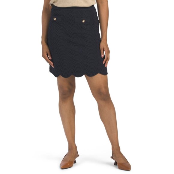 ELIE TAHARI Navy Pull On Novelty Stitch Mini Skirt With Scalloped Hem